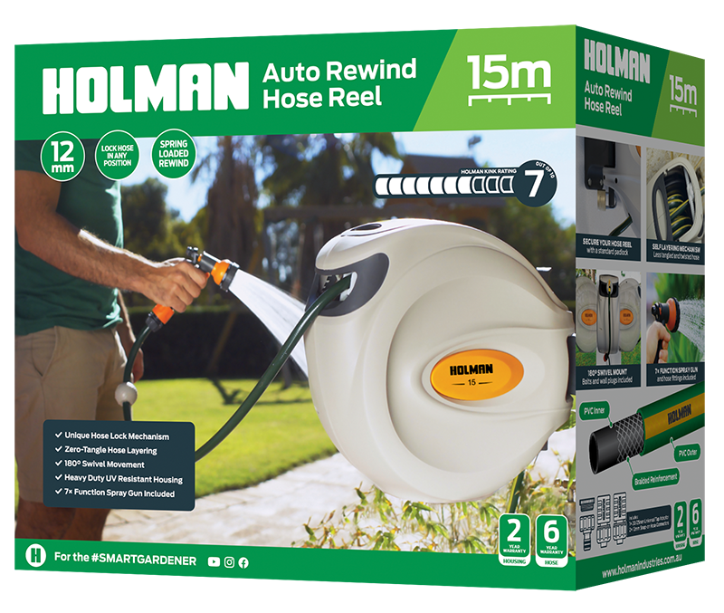 1215H_Auto_Rewind_Hose_Reel_15m_Box Holman Auto Rewind Hose Reel with 15 meter Garden Hose