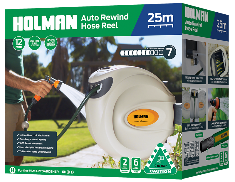 1225H_Auto_Rewind_Hose_Reel_25m_Box Holman Auto Rewind Hose Reel with 25 meter Garden Hose