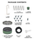 CO1606 Packaging Contents v2 Packaging Contents: one wire hanger, ten 4 millimetre hold-down stakes, one hanger connector, nine 4 millimetre barbed flow control drippers, one 4 millimetre barbed end plug, ten metres of 4 mm hose, one 95 centimetre USB to USB C charging cable and one indoor timer and pump with inlet cable and filter.