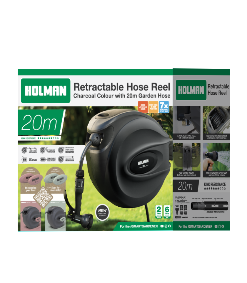 20m ColourDip Retractable Hose Reel Charcoal Packaging 20m ColourDip Retractable Hose Reel Charcoal Packaging