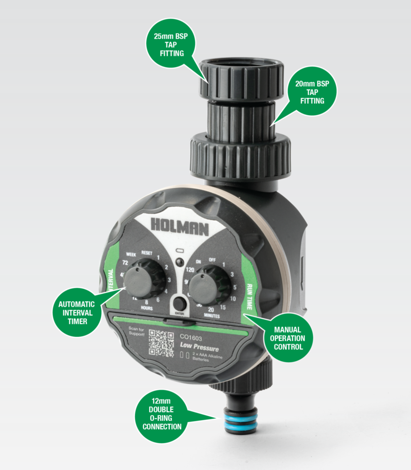CO1603 product label universal tap fitting, automatic interval timer, manual operation control,12mm double o-ring connection