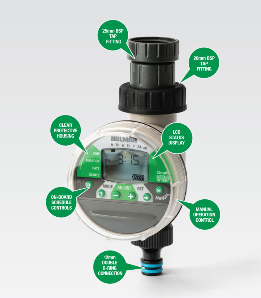 CO1609 product label Universal tap fitting, LCD status display, manual operation control, clear protective housing, on-board schedule controls, 2mm double o-ring connection