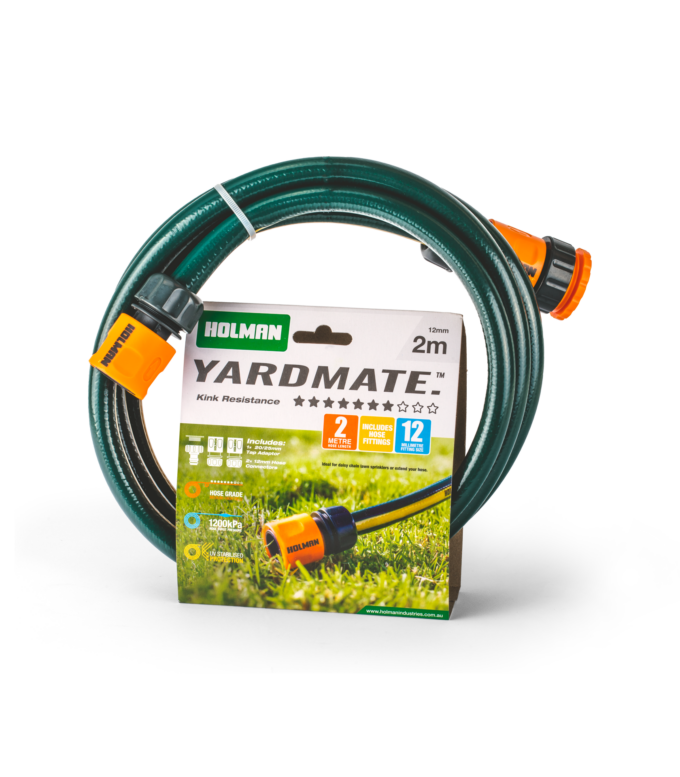 Two metre green hose with yellow stripe coiled up with green and white Holman packaging.