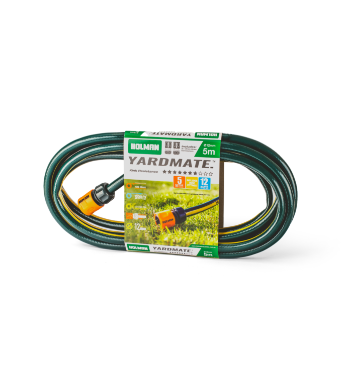 Five metre green hose with yellow stripe coiled up with green and white Holman packaging.