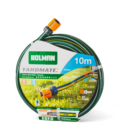 Ten metre green hose with yellow stripe coiled up with green and white Holman packaging.