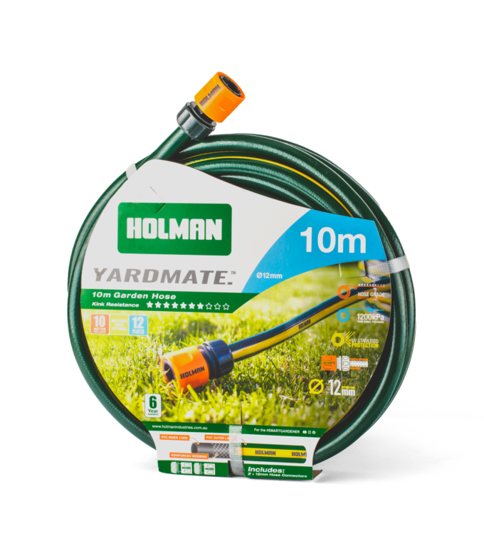 Ten metre green hose with yellow stripe coiled up with green and white Holman packaging.