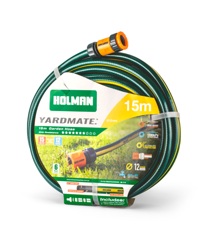 Fifteen metre green hose with yellow stripe coiled up with green and white Holman packaging.