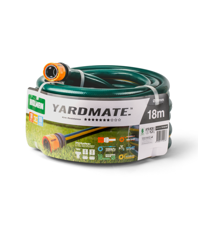 Eighteen metre green hose with yellow stripe coiled up with green and white Holman packaging.