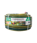 fifty metre green hose with yellow stripe coiled up with green and white Holman packaging.