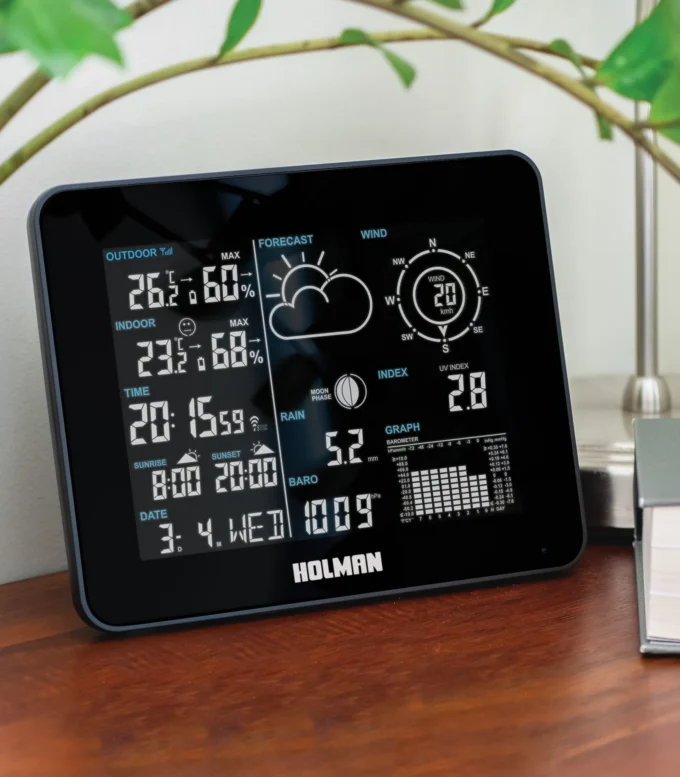 Helios Weather Station Display Screen in use on desk